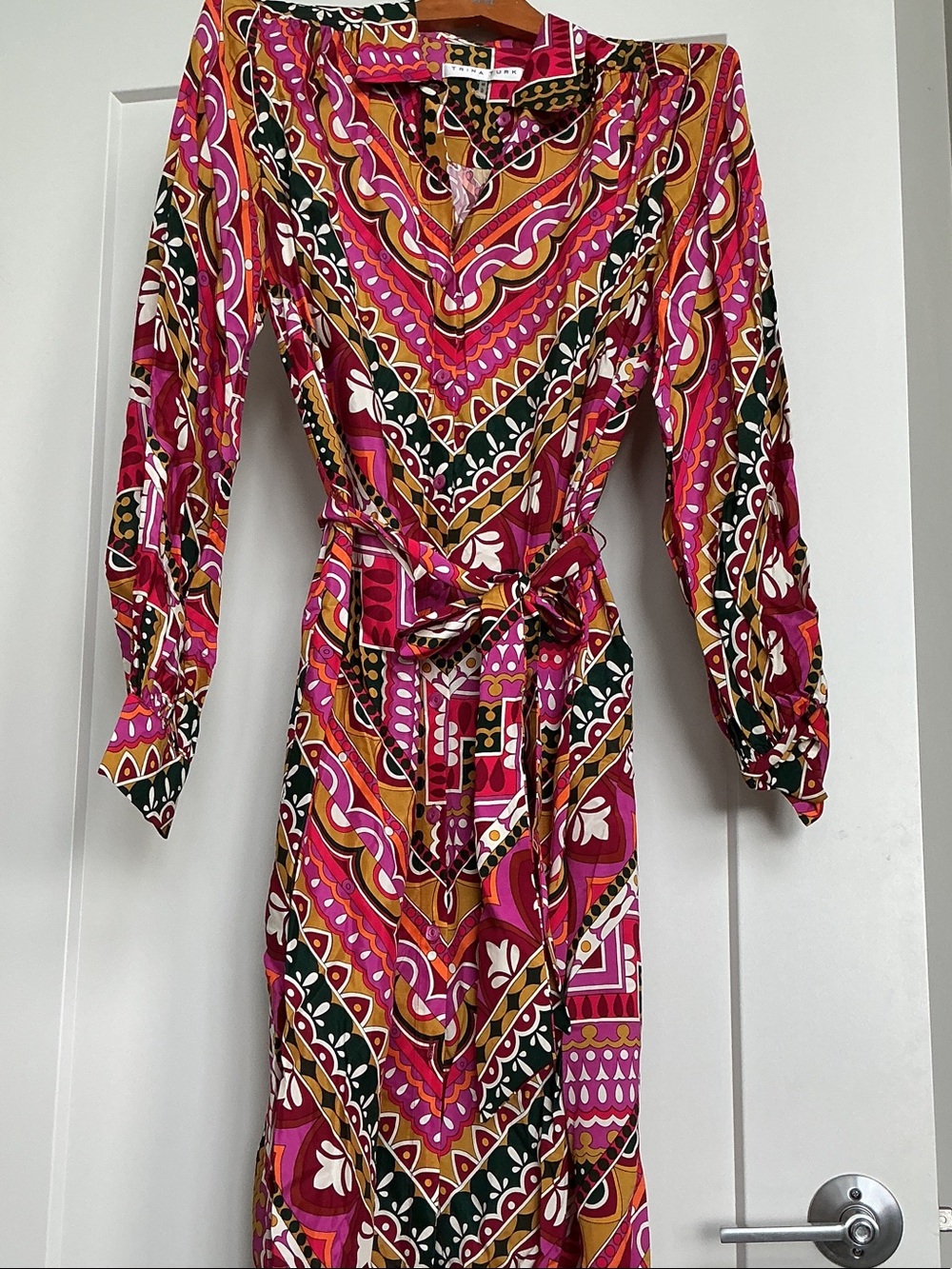 Trina Turk Multicolor Pink and Mustard Long Sleeve Wrap Dress